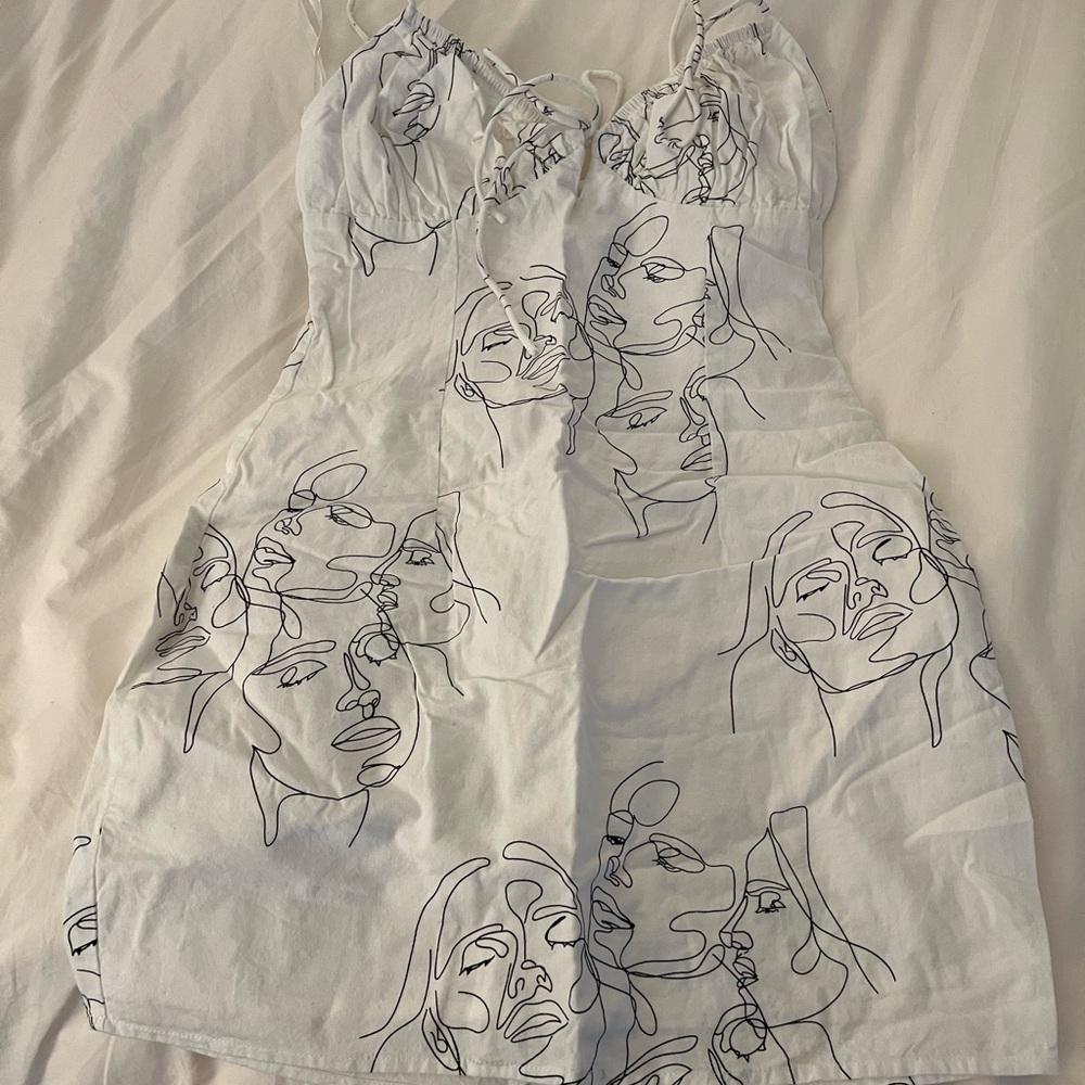 Sabo Skirt White Mini Dress with Black Line Art